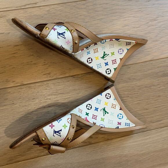 Louis Vuitton Multicolor Monogram White Leather Bow Wedge Sandals 38.5 - Picture 14 of 14